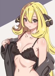 Rule 34 | 1girl, asairosora, bare shoulders, black bra, black coat, blonde hair, blush, bra, breasts, brown eyes, closed mouth, coat, collarbone, creatures (company), cynthia (pokemon), expressionless, female focus, game freak, grey background, hair between eyes, hair ornament, hand up, highres, long hair, long sleeves, looking at viewer, medium breasts, navel, nintendo, no shirt, open clothes, open coat, pokemon, pokemon dppt, shiny skin, sidelocks, simple background, solo, standing, stomach, two-tone background, underwear, undressing, upper body