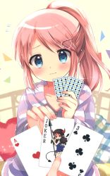 Rule 34 | 1girl, absurdres, ace (playing card), ace of hearts, akanbe, blue dress, blue eyes, blush, brown hair, card, closed mouth, club (shape), clubs, collarbone, copyright request, cushion, demon tail, dress, drill hair, eyelid pull, fingernails, flying sweatdrops, green eyes, hair ornament, half updo, hara yui, head tilt, heart, heart hair ornament, highres, holding, hood, hooded jacket, hoodie, horns, huge filesize, jacket, jitome, joker (playing card), playing card, polearm, ponytail, pov, pov hands, scan, sidelocks, silhouette, solo focus, sparkle, spear, striped clothes, striped hoodie, striped jacket, swept bangs, tail, tongue, tongue out, wavy mouth, weapon