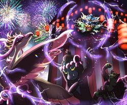 Rule 34 | 1girl, 3boys, :3, animal ears, animal focus, arms up, artist request, bird, colored sclera, creatures (company), crossed arms, dancing, dog ears, electricity, festival, fezandipiti, fireworks, full body, game freak, holding, holding mask, legendary pokemon, looking at viewer, mask, multiple boys, munkidori, night, night sky, nintendo, no humans, ogerpon, okidogi, pokemon, pokemon (creature), sky, tail, wings, yellow sclera
