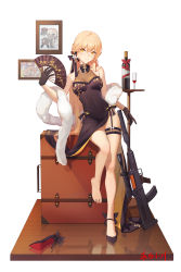 Rule 34 | 1girl, absurdres, alcohol, assault rifle, barefoot, blonde hair, bottle, bullpup, cup, drinking glass, fan, feet, girls&#039; frontline, gun, highres, long hair, ots-14 (girls&#039; frontline), ots-14 (sangria succulent) (girls&#039; frontline), ots-14 groza, rifle, shoes, unworn shoes, smile, suppressor, toes, weapon, white background, wine, wine bottle, wine glass, yellow eyes