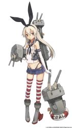Rule 34 | 10s, 1girl, 2013, :3, animal ears, black eyes, black neckerchief, black panties, blonde hair, boots, bow, cannon, elbow gloves, full body, gloves, grey footwear, hair bow, highleg, highres, kantai collection, long hair, microskirt, midriff, miniskirt, navel, neckerchief, official art, open mouth, panties, pleated skirt, rabbit ears, sailor collar, shimakaze (kancolle), shizuma yoshinori, skirt, solo, striped clothes, striped thighhighs, thighhighs, transparent background, turret, underwear, white background, white gloves