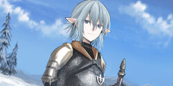 Rule 34 | 1boy, absurdres, armor, blue eyes, blue sky, chainmail, chihuri, closed mouth, cloud, day, final fantasy, final fantasy xiv, grey hair, hair between eyes, haurchefant greystone, highres, male focus, outdoors, pauldrons, pointy ears, shoulder armor, sky, smile, snow, solo, tree, upper body