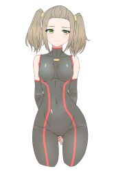 Rule 34 | 1girl, arms behind back, black bodysuit, bodysuit, breasts, closed mouth, commentary, commentary request, cropped legs, facing viewer, forehead, green eyes, hair ornament, highres, kamidan, light brown hair, looking away, medium hair, navel, shania (xenoblade), simple background, skin tight, small breasts, solo, turtleneck, twintails, white background, xenoblade chronicles (series), xenoblade chronicles 3