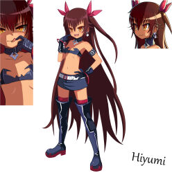 Rule 34 | 1girl, bare shoulders, belt, black gloves, blush, boots, breasts, collar, cosplay, dark-skinned female, dark skin, emrehliugx, etna (disgaea), etna (disgaea) (cosplay), flat chest, full body, gloves, hand on own hip, highres, long hair, looking at viewer, master nemesis, multiple views, navel, open mouth, simple background, small breasts, thigh boots, thighhighs, thighhighs under boots, to love-ru, to love-ru darkness, very long hair, yellow eyes