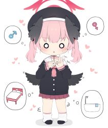 Rule 34 | 1girl, beret, black footwear, black hat, black shirt, black wings, blue archive, blush, halo, hat, head wings, heart, highres, imagining, koharu (blue archive), long hair, long sleeves, loose socks, open mouth, penetration gesture, pink hair, pleated skirt, poco (zdrq3), red halo, red skirt, sailor collar, sailor shirt, shirt, shoes, simple background, skirt, socks, solo, triangle mouth, twintails, white background, white sailor collar, white socks, wings