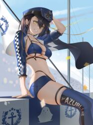 Rule 34 | 1girl, absurdres, azur lane, baltimore (azur lane), baltimore (finish line flagbearer) (azur lane), black choker, black hair, blue hat, blue jacket, blue shorts, blue sky, blue thighhighs, breasts, choker, confetti, cropped jacket, day, flag, from side, grin, hat, heart, heart-shaped pupils, highres, icycore, jacket, large breasts, outdoors, peaked cap, short hair, short shorts, shorts, sitting, sky, smile, solo, symbol-shaped pupils, teeth, thighhighs, yellow eyes
