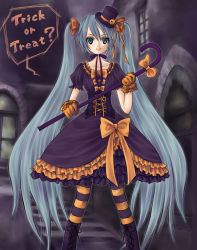 Rule 34 | 1girl, aqua eyes, aqua hair, bad id, bad pixiv id, boots, bow, bowtie, cane, dress, food-themed hair ornament, frills, gloves, hair ornament, halloween, hat, hatsune miku, knee boots, long hair, mamekosora, orange pantyhose, pantyhose, pumpkin hair ornament, purple pantyhose, smile, solo, striped clothes, striped pantyhose, top hat, trick or treat, twintails, very long hair, vocaloid