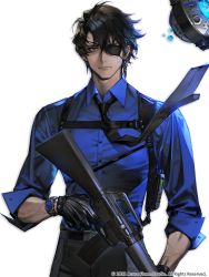 Rule 34 | 1boy, assault rifle, belt, black belt, black gloves, black hair, black necktie, black pants, blouse, blue shirt, closed mouth, collared shirt, copyright notice, copyright request, dress shirt, earphones, eyepatch, floating, floating object, gloves, grey background, gun, highres, holding, holding gun, holding weapon, m16, m16a1, male focus, necktie, pants, quuni, rifle, shirt, shirt tucked in, short hair, simple background, solo, watch, weapon, wristwatch