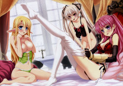 Rule 34 | 3girls, absurdres, barefoot, bed, blonde hair, blush, bra, breasts, cleavage, crin, elf, faata, feet, garter belt, garter straps, highres, kannatsuki noboru, large breasts, leg up, legs, lingerie, long hair, long legs, maou to odore! ii, marie grenoble, multiple girls, no shoes, panties, pink hair, pointy ears, thighhighs, thighs, toe-point, twintails, underwear, underwear only, undressing, white hair, white legwear