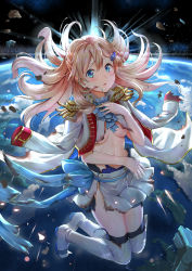 Rule 34 | 1girl, black thighhighs, blonde hair, blue eyes, blue ribbon, blush, boots, breasts, coat, earth (planet), epaulettes, floating hair, full body, hair between eyes, hair ornament, hand on own chest, highres, himonoata, jacket, jacket on shoulders, medium breasts, navel, parted lips, planet, ribbon, shirt, skirt, solo, space, starly girls, thigh boots, thighhighs, torn clothes, torn shirt, torn skirt, underboob, white coat, white footwear, white skirt, white thighhighs