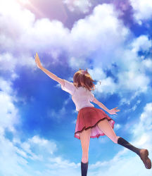 Rule 34 | 1girl, absurdres, black socks, blue sky, cloud, day, from behind, from below, highres, ikeda jun (mizutamari), kneehighs, lens flare, light brown hair, loafers, original, outdoors, outstretched arms, pink skirt, pleated skirt, shirt, shoes, short hair, short sleeves, skirt, sky, socks, solo, spread arms, standing, standing on one leg, white shirt
