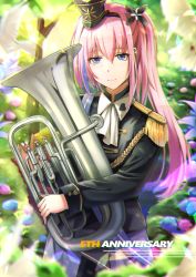 Rule 34 | 1girl, black headwear, blue eyes, closed mouth, euphonium, feet out of frame, floral background, flower, girls&#039; frontline, hair flower, hair ornament, hairband, hat, highres, holding, holding instrument, instrument, long hair, looking at viewer, marching band, mini hat, official alternate costume, pink hair, smile, solo, st ar-15 (breeze on a spring day) (girls&#039; frontline), st ar-15 (girls&#039; frontline), standing, xlscaler