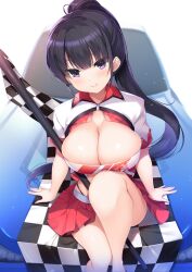 Rule 34 | 1girl, amakarashi, between legs, black hair, breasts, checkered flag, cleavage, cleavage cutout, closed mouth, clothing cutout, commission, flag, highres, large breasts, long hair, on vehicle, original, pink skirt, pixiv commission, pleated skirt, ponytail, purple eyes, race queen, sitting, skirt, smile, solo, unzipped, zipper