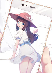 Rule 34 | 1girl, absurdres, arm ribbon, ass, back, blue eyes, blue ribbon, blush, brown hair, cellphone, commentary request, curtains, dress, from behind, hand up, hat, hat ribbon, highres, holding, holding phone, indoors, long hair, looking at viewer, looking back, open mouth, original, panties, pantyshot, phone, puffy short sleeves, puffy sleeves, ribbon, sash, short dress, short sleeves, smartphone, smile, solo, standing, sun hat, sundress, twisted neck, underwear, upskirt, white dress, white panties, white ribbon, wind, wind lift, window, yuwan 2333