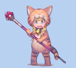 Rule 34 | 1girl, animal costume, bell, blonde hair, blue background, blue eyes, blunt bangs, blush, braid, cat costume, commentary request, dot nose, dragon quest, dragon quest xi, fangs, full body, holding, jingle bell, long hair, looking at viewer, neck bell, open mouth, simple background, solo, staff, standing, tomono rui, twin braids, veronica (dq11)