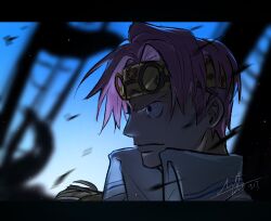Rule 34 | 1boy, black eyes, blue sky, blurry, blurry foreground, close-up, closed mouth, coat, collared jacket, epaulettes, from side, frown, glasses, headband, highres, jacket, koby (one piece), letterboxed, looking ahead, male focus, mrjieshisu, one piece, pink hair, sanpaku, serious, ship, short hair, sky, solo, v-shaped eyebrows, very short hair, watercraft, white jacket, wind