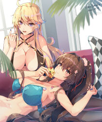 Rule 34 | 2girls, ahoge, alternate costume, artist name, ass, blonde hair, blue bra, blue eyes, blue nails, bra, breasts, brown eyes, brown hair, cherry blossoms, dark-skinned female, dark skin, dated, flower, grey hair, hair between eyes, hair flower, hair intakes, hair ornament, highres, himeyamato, holding hands, iowa (kancolle), kantai collection, large breasts, long hair, long sleeves, lying, multiple girls, nail polish, on back, ponytail, red nails, revision, shirt, sidelocks, standing, star-shaped pupils, star (symbol), symbol-shaped pupils, twintails, underwear, very long hair, white shirt, yamato (kancolle)