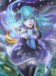Rule 34 | 10s, 1girl, blue eyes, blue hair, breasts, cleavage, dress, elbow gloves, from above, gloves, gradient hair, hair ornament, ice, large breasts, long hair, looking at viewer, matching hair/eyes, multicolored hair, seisen cerberus, solo, staff, thighhighs, xiaji