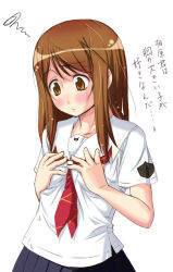 Rule 34 | 1girl, blush, breast conscious, breast hold, breasts, brown eyes, brown hair, female focus, grabbing, grabbing another&#039;s breast, hoshino yuumi, kimi kiss, natsumi akira, necktie, school uniform, serafuku, simple background, skirt, solo, standing, text focus, translation request, white background