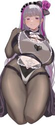 Rule 34 | 1girl, bodystocking, breasts, curvy, eternity (last origin), hairband, highres, huge breasts, large breasts, last origin, lolita hairband, long hair, looking at viewer, multicolored hair, narodenden, purple eyes, smile, solo, thick thighs, thighs, two-tone hair, white background, white hair