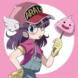 Rule 34 | 1girl, baseball cap, blue eyes, blush, character name, clothes writing, commentary request, dr. slump, glasses, gloves, hat, long hair, looking at viewer, norimaki arale, open mouth, overalls, purple hair, shirt, simple background, solo, winged hat, yazwo