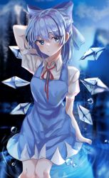 Rule 34 | 1girl, arm behind head, bad id, bad twitter id, blue bow, blue dress, blue eyes, blue hair, blurry, blurry background, blush, bow, breasts, cirno, closed mouth, collared shirt, depth of field, dress, feet out of frame, hair between eyes, hair bow, highres, ice, ice wings, kitty, legs together, looking to the side, medium breasts, mountain, neck ribbon, puffy short sleeves, puffy sleeves, red ribbon, reflection, ribbon, shirt, short hair, short sleeves, sky, solo, standing, touhou, tree, water, water drop, white shirt, wings