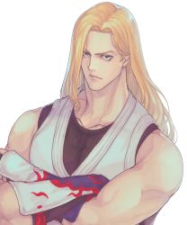 Rule 34 | 1boy, absurdres, andy bogard, bare shoulders, black shirt, blonde hair, blue eyes, closed mouth, collarbone, commentary, crossed arms, dougi, fatal fury, flame print, gloves, highres, ktovhinao, long hair, looking at viewer, male focus, multicolored clothes, multicolored gloves, serious, shirt, simple background, sleeveless, sleeveless shirt, solo, the king of fighters, the king of fighters xv, upper body, white background