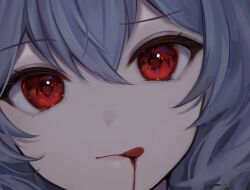 Rule 34 | 1girl, blood, blood on mouth, blue hair, close-up, closed mouth, eye focus, eyelashes, hair between eyes, head tilt, lips, looking at viewer, mameko (mamemame81), portrait, red eyes, remilia scarlet, smile, solo, symbol-shaped pupils, tongue, tongue out, touhou