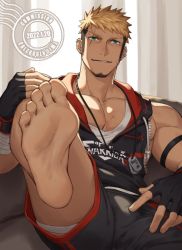 Rule 34 | 00047, 1boy, abs, bara, barefoot, black jacket, black shorts, blonde hair, bulge, bulge press, dog tags, facial hair, facial scar, feet, foot focus, goatee, gyee, jacket, large pectorals, male focus, male underwear, male underwear peek, mature male, muscular, muscular male, nipples, original, pectoral cleavage, pectorals, piercing, pointing, pointing at self, presenting foot, romg, scar, scar across eye, scar on cheek, scar on face, seductive smile, short hair, shorts, sideburns, sidepec, sleeveless, sleeveless jacket, smile, smirk, solo, spiked hair, stomach, thighs, undercut, underwear, white male underwear, zipper