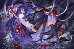 Rule 34 | 1girl, acheron (honkai: star rail), artist name, asymmetrical footwear, back, black choker, black gloves, black shorts, bone, boots, breasts, bug, butterfly, chain, choker, cleavage, coat, coattails, detached sleeves, flower, gloves, hair over one eye, high heels, highres, honkai: star rail, honkai (series), insect, libero art, long hair, looking at viewer, midriff, multicolored hair, navel, on ground, purple eyes, purple hair, red flower, scabbard, sheath, sheathed, short shorts, shorts, single bare shoulder, skeleton, solo, stomach, streaked hair, sword, thigh boots, thighs, watermark, weapon, white coat
