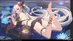 Rule 34 | 1girl, absurdres, artist name, ass, bare shoulders, barefoot, bikini, breasts, commentary request, copyright name, evertale, flower, full body, hair ornament, highres, logo, long hair, looking at viewer, looking back, lying, medium breasts, official art, on stomach, parted lips, partially submerged, swimsuit, teffish, thighs, toes, water