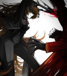 Rule 34 | 1girl, 1other, attack, belt, black belt, black gloves, black pants, black vest, blood, bow, coat, dante (limbus company), gloves, hair bow, harpoon, highres, holding, holding shield, id card, ishmael (project moon), limbus company, long hair, long sleeves, orange hair, pants, project moon, red coat, s661479361148, shield, sweat, very long hair, vest, white bow