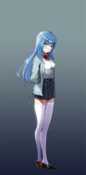 Rule 34 | 1girl, arms behind back, black skirt, blue eyes, blue hair, blue jacket, blush, bow, bowtie, breasts, brown footwear, closed mouth, collared shirt, crossed legs, dress shirt, full body, high heels, highres, jacket, liyou-ryon, loafers, long hair, looking at viewer, medium breasts, open clothes, open jacket, original, pleated skirt, red bow, red bowtie, shirt, shoes, skirt, smile, solo, standing, thighhighs, very long hair, virtual youtuber, white shirt, white thighhighs