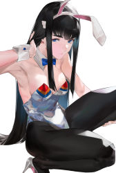 Rule 34 | 1girl, animal ears, armpits, bare shoulders, black hair, black pantyhose, blazpu, blue bow, blue eyes, bow, bowtie, breasts, closed mouth, detached collar, fake animal ears, hand in own hair, hand up, high heels, highres, kill la kill, kiryuuin satsuki, leotard, long hair, looking at viewer, medium breasts, pantyhose, playboy bunny, rabbit ears, rabbit tail, shiny clothes, simple background, solo, squatting, strapless, strapless leotard, tail, white background, wrist cuffs