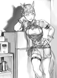 Rule 34 | 1girl, absurdres, animal ears, armband, bare shoulders, belt pouch, bow, bowtie, buttons, double-breasted, dress, gloves, gold ship (umamusume), greyscale, highres, horse ears, horse girl, horse tail, indoors, kettle, kitchen, leaning on object, long hair, looking to the side, lvnp, microwave, monochrome, pantyhose, pillbox hat, pouch, refrigerator, short dress, sleeveless, sleeveless dress, solo, tail, tall, tall female, thigh strap, umamusume
