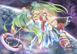 1girl aqua_eyes aqua_hair armpits detached_sleeves eichisu female_focus flat_chest garter_straps gloves green_eyes green_hair hat hatsune_miku headset heart highres long_hair matching_hair/eyes myojo999 navel open_mouth outstretched_arms planet skirt solo space spread_arms thighhighs twintails very_long_hair vocaloid