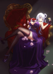 Rule 34 | 1girl, absurdres, alcohol, azur lane, bare shoulders, black thighhighs, blue flower, blue rose, breasts, criss-cross halter, cup, dress, drinking glass, flower, full body, gloves, grey background, halter dress, halterneck, hand on own chest, high heels, highres, holding, holding cup, illustrious (azur lane), illustrious (never-ending tea party) (azur lane), large breasts, long hair, looking at viewer, mole, mole under eye, official alternate costume, on chair, petals, pink flower, pink rose, purple dress, purple eyes, purple footwear, purple gloves, rose, shoe dangle, simple background, solo, thighhighs, tri tails, wanming xiaoqianghero, white hair, wine, wine glass