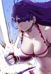 Rule 34 | 1girl, aoba (smartbeat), bare shoulders, bikini, blue eyes, blunt bangs, breasts, choker, cleavage, clenched hand, collarbone, cross, cross choker, elbow gloves, fate/grand order, fate (series), gauntlets, gloves, highres, large breasts, long hair, looking at viewer, martha (fate), martha (swimsuit ruler) (fate), martha (swimsuit ruler) (third ascension) (fate), navel, purple hair, red gloves, smile, solo, swimsuit, white bikini