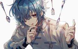 Rule 34 | 1boy, blue hair, fork, hair over one eye, jewelry, knife, long sleeves, looking at viewer, mahoutsukai no yakusoku, male focus, naruta iyo, nero turner, one eye covered, ring, simple background, solo, spoon, tongue, tongue out, utensil, white background, yellow eyes