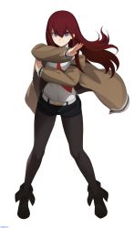 Rule 34 | 1girl, absurdres, belt, black footwear, black pantyhose, black shorts, blue eyes, boots, closed mouth, commentary, commission, commissioner upload, dress shirt, full body, highres, jacket, lab coat, pantyhose under shorts, long hair, long sleeves, looking at viewer, makise kurisu, necktie, non-web source, once 11h, open clothes, open jacket, pantyhose, red hair, red necktie, shirt, shorts, signature, simple background, smile, solo, standing, steins;gate, transparent background, white shirt