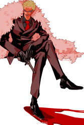 Rule 34 | 1boy, absurdres, black gloves, blonde hair, blood trail, donquixote doflamingo, earrings, evil smile, feather coat, formal, full body, gloves, gun, highres, holding, holding gun, holding weapon, jewelry, killuaz1130, looking to the side, male focus, necktie, official alternate costume, one piece, red necktie, red pupils, shirt, shoes, short hair, smile, suit, sunglasses, symbolism, weapon