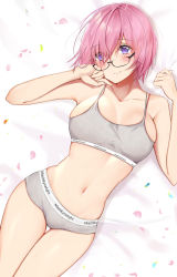 Rule 34 | 1girl, alternate costume, bed sheet, boyshort panties, bra, breasts, cherry blossoms, closed mouth, clothes writing, collarbone, eyes visible through hair, fate/grand order, fate (series), flower, from above, glasses, hair over one eye, highres, lying, mash kyrielight, medium breasts, on bed, petals, pink hair, purple eyes, sheet grab, short hair, smile, sports bra, stomach, thighs, uiri-na, underwear, underwear only