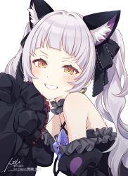 Rule 34 | 1girl, animal ear fluff, animal ears, bare shoulders, black dress, cat ears, commentary, detached sleeves, dress, frills, gothic lolita, grey hair, hololive, lolita fashion, long hair, looking at viewer, murasaki shion, murasaki shion (gothic lolita), simple background, smile, solo, symbol-only commentary, tomari (veryberry00), twintails, virtual youtuber, white background, yellow eyes