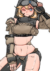 Rule 34 | 1girl, android, animification, blonde hair, breasts, brown gloves, drawfag, fingerless gloves, gloves, hand on own hip, hood, hood up, ion (titanfall 2), joints, looking at viewer, medium breasts, metal skin, navel, one eye closed, personification, robot joints, short hair, solo, titanfall (series), titanfall 2