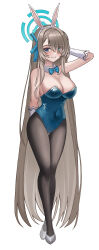 Rule 34 | 1girl, absurdly long hair, absurdres, animal ears, arm behind back, arm behind head, arm up, asuna (blue archive), asuna (bunny) (blue archive), bare shoulders, black pantyhose, blonde hair, blue archive, blue eyes, blue leotard, bow, bowtie, breasts, cleavage, covered navel, crossed legs, detached collar, eyes visible through hair, fake animal ears, full body, grin, hair ribbon, hairband, halo, highres, large breasts, leotard, long hair, looking at viewer, mole, mole on breast, official alternate costume, pantyhose, playboy bunny, rabbit ears, ribbon, seemu (wnslqjdignv ), shoes, sideboob, simple background, smile, solo, standing, strapless, strapless leotard, thigh gap, thighs, very long hair, watson cross, white background, white footwear, white hairband