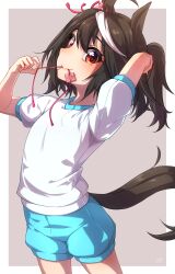 Rule 34 | 1girl, absurdres, adjusting hair, aged down, ahoge, alternate costume, animal ears, arms behind head, blush, breasts, closed mouth, commentary request, hair between eyes, hair ornament, highres, horse ears, horse tail, kitasan black (umamusume), red eyes, shorts, simple background, small breasts, smile, solo, tail, thin (suzuneya), umamusume, white background