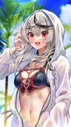 Rule 34 | 1girl, :d, ahoge, bikini, black bikini, black hair, blue sky, blurry, blurry background, blush, braid, breasts, cleavage, cloud, commentary, day, fang, grey hair, hair ornament, highres, hololive, hood, jacket, kobayashi (jna x rgh), looking at viewer, medium breasts, multicolored hair, navel, open clothes, open jacket, open mouth, palm tree, red eyes, sakamata chloe, single braid, skin fang, sky, smile, solo, streaked hair, swimsuit, tree, virtual youtuber, white jacket, x hair ornament