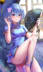 Rule 34 | 1girl, absurdres, alternate costume, bare legs, blue dress, blue eyes, blue hair, blue nails, blush, bow, bow earrings, breasts, china dress, chinese clothes, commentary, dress, earrings, fingernails, flower, folding fan, gold trim, grin, hair between eyes, hair flower, hair ornament, hand fan, hands up, high heels, highres, holding, holding fan, hololive, hoshimachi suisei, jewelry, looking at viewer, medium breasts, medium hair, nail polish, on chair, panties, pink flower, revision, short sleeves, sitting, smile, solo, star (symbol), star in eye, symbol in eye, tassel, thighs, underwear, virtual youtuber, wajuniorbox, white footwear, white panties