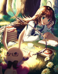 Rule 34 | 1girl, :&lt;, alice (alice in wonderland), alice in wonderland, antenna hair, aqua eyes, black bow, black bowtie, blue dress, blue eyes, blurry, blush, book, book stack, bow, bowtie, brown hair, chain, clock, closed mouth, collared shirt, cup, day, depth of field, dress, flower, forest, fork, frilled sleeves, frills, glasses, grass, green bow, green bowtie, head rest, holding, long hair, looking at another, lying, nature, on stomach, open book, open mouth, outdoors, outstretched arms, plant, pocket watch, rabbit, red eyes, rosuuri, saucer, semi-rimless eyewear, shirt, sleeves past wrists, spoon, sunlight, teacup, tree, under-rim eyewear, very long hair, watch, white rabbit (alice in wonderland), white shirt, wing collar