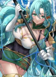 Rule 34 | 1girl, aqua hair, armor, braid, breastplate, breasts, chloe (fire emblem), cleavage, commentary request, covered navel, elbow gloves, fire emblem, fire emblem engage, garter straps, gloves, green eyes, highres, large breasts, long hair, nintendo, pegasus knight uniform (fire emblem), shoulder armor, side braid, single braid, skin tight, smile, snow20200, solo, very long hair, white gloves